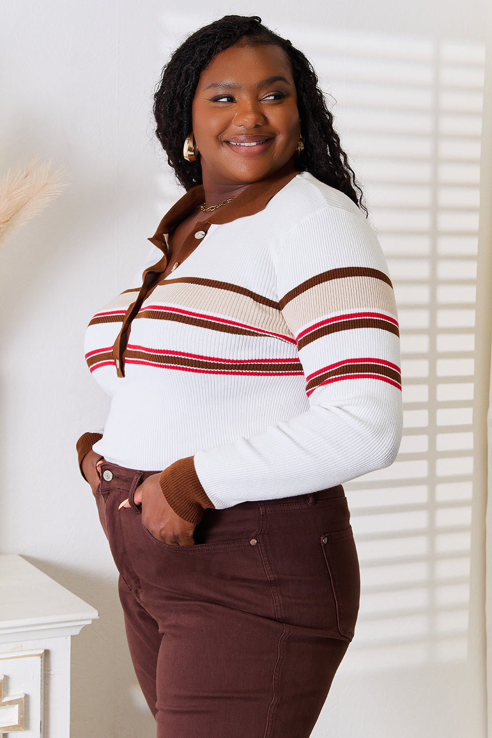 Beige striped rib-knit top with collared neck by Trendsi, casual and stylish, shown on a model.