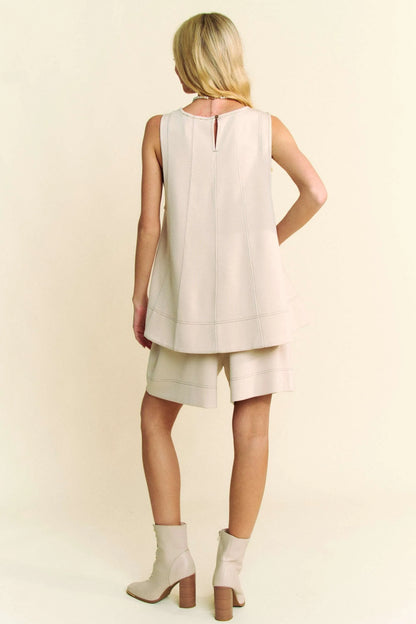 Beige Davi & Dani contrast seam top and shorts set from Trendsi, featuring a stylish casual design and comfortable fit.