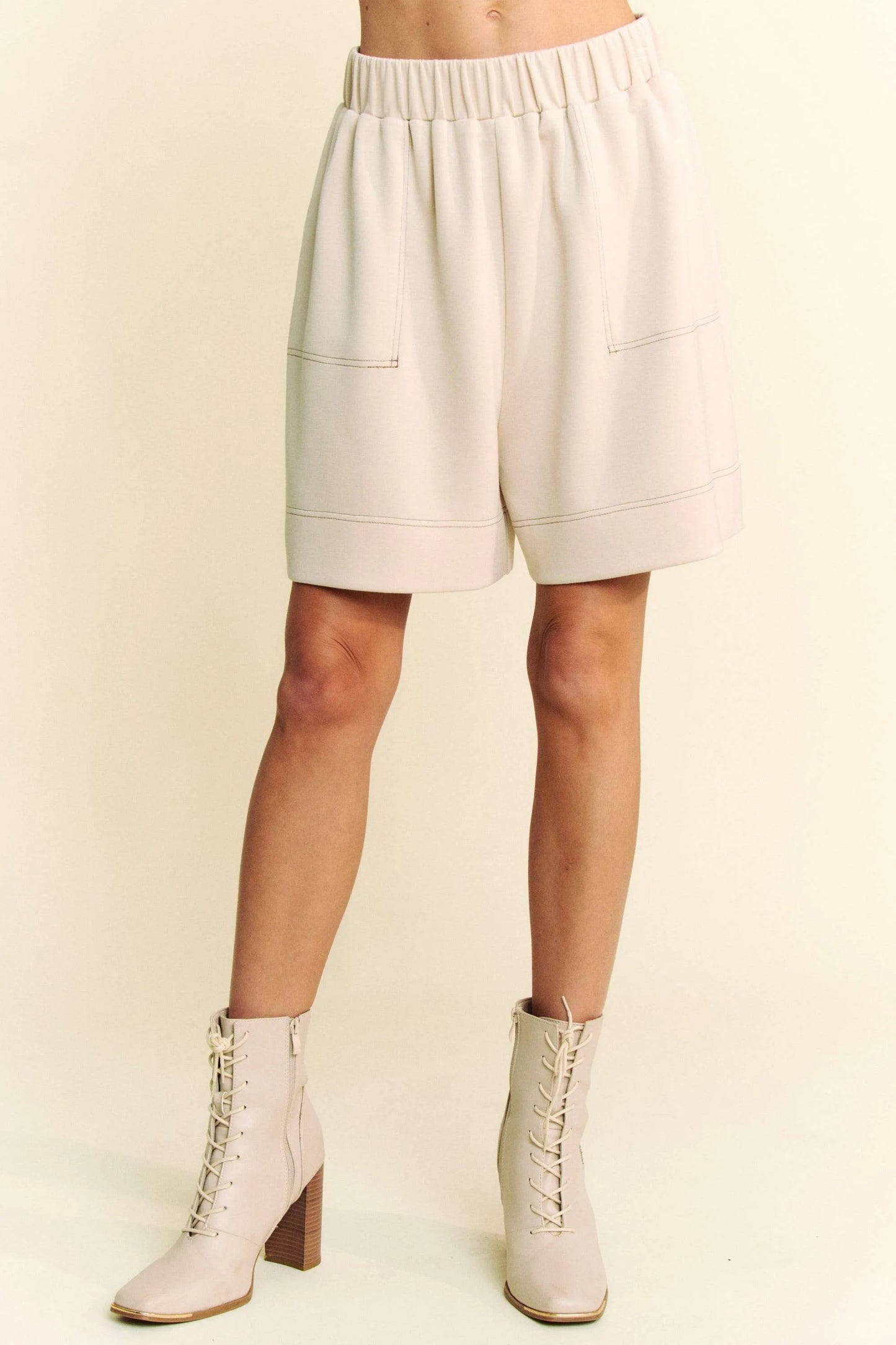 Beige Davi & Dani contrast seam top and short set by Trendsi, featuring stylish design and comfortable fit.