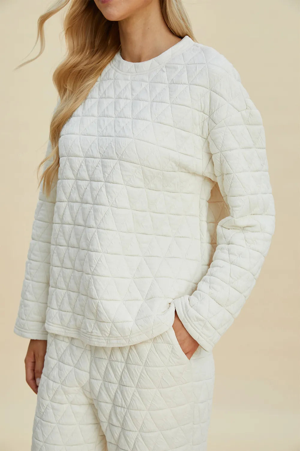 Beige Trendsi Double Take full size textured long sleeve top and matching pants set, casual and comfortable outfit for everyday wear.