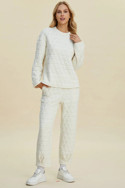 Beige Trendsi Double Take full size textured round neck long sleeve top and matching pants set, casual and comfortable outfit.