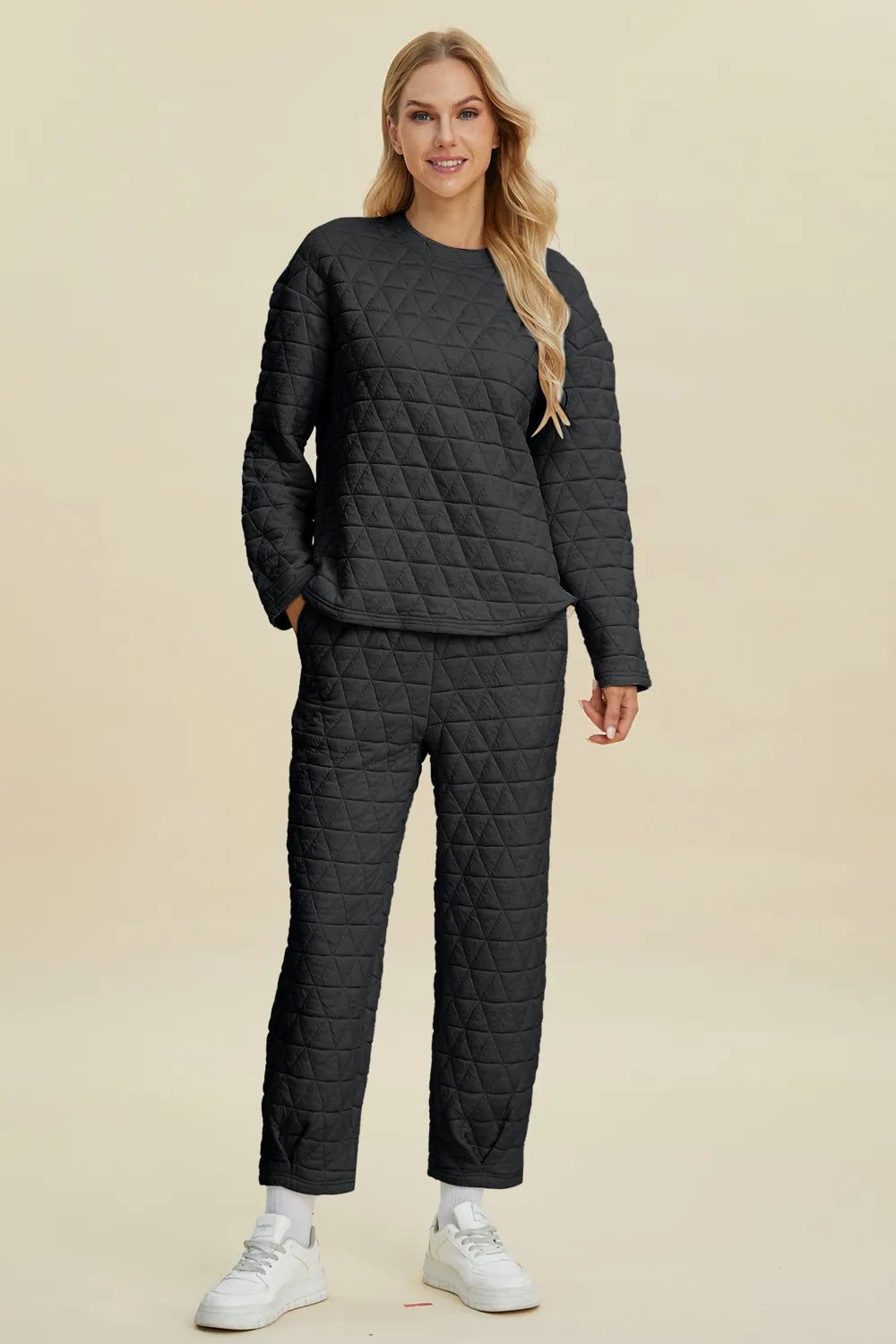 Beige Trendsi double take full-size texture round neck long sleeve top and pants set, casual and comfortable for everyday wear.