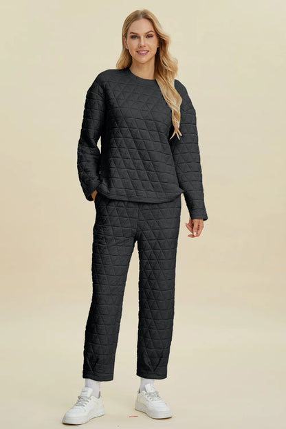 Beige Trendsi double take full-size texture round neck long sleeve top and pants set, casual and comfortable for everyday wear.