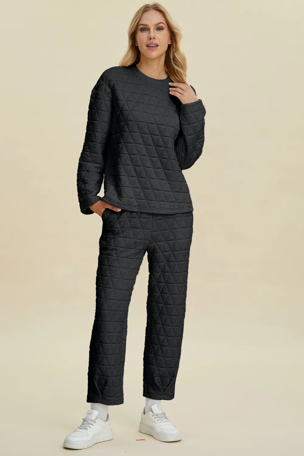 Beige Trendsi Double Take full-size texture round neck long sleeve top and matching pants set, casual and comfortable outfit.