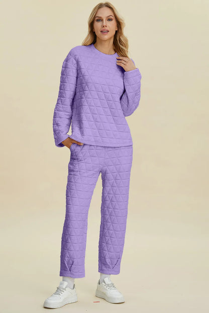 Beige double take texture round neck long sleeve top and pants set by Trendsi, stylish and comfortable full-size outfit.