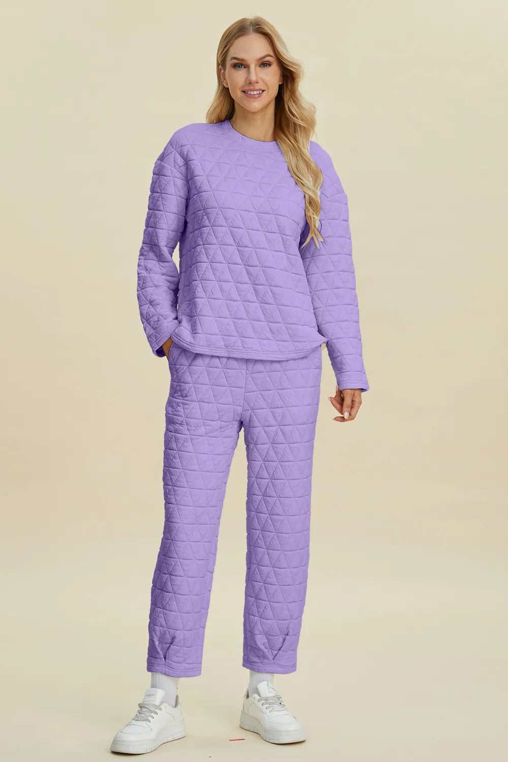 Beige Trendsi double take full-size textured round neck long sleeve top and pants set, casual and comfortable outfit.