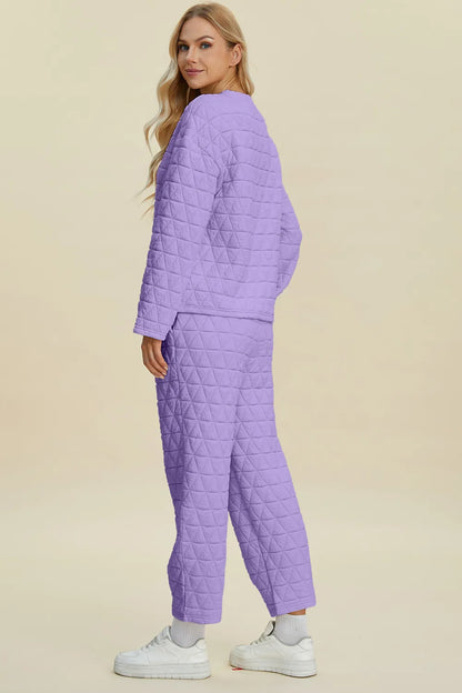 Beige Trendsi Double Take full-size textured round neck long sleeve top and matching pants set, casual and comfortable.