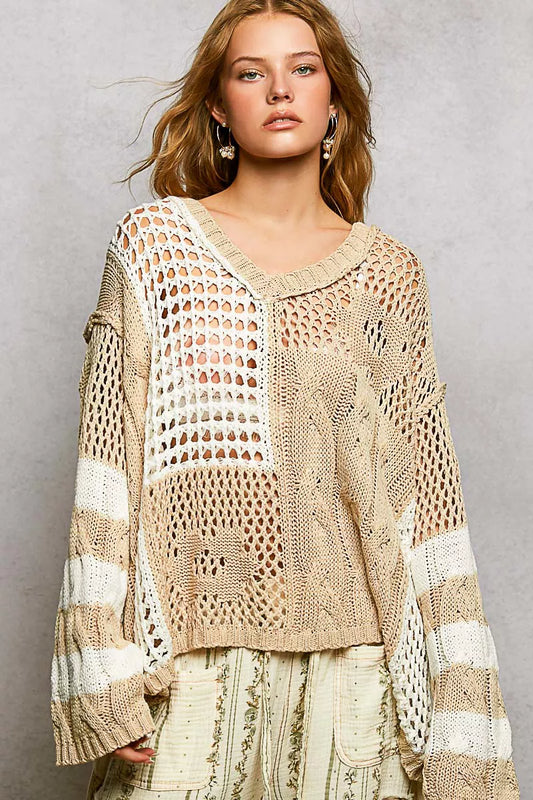 Beige POL color-blocked stripe knit top with twisted weave design by Trendsi, featuring bold horizontal stripes and textured details.