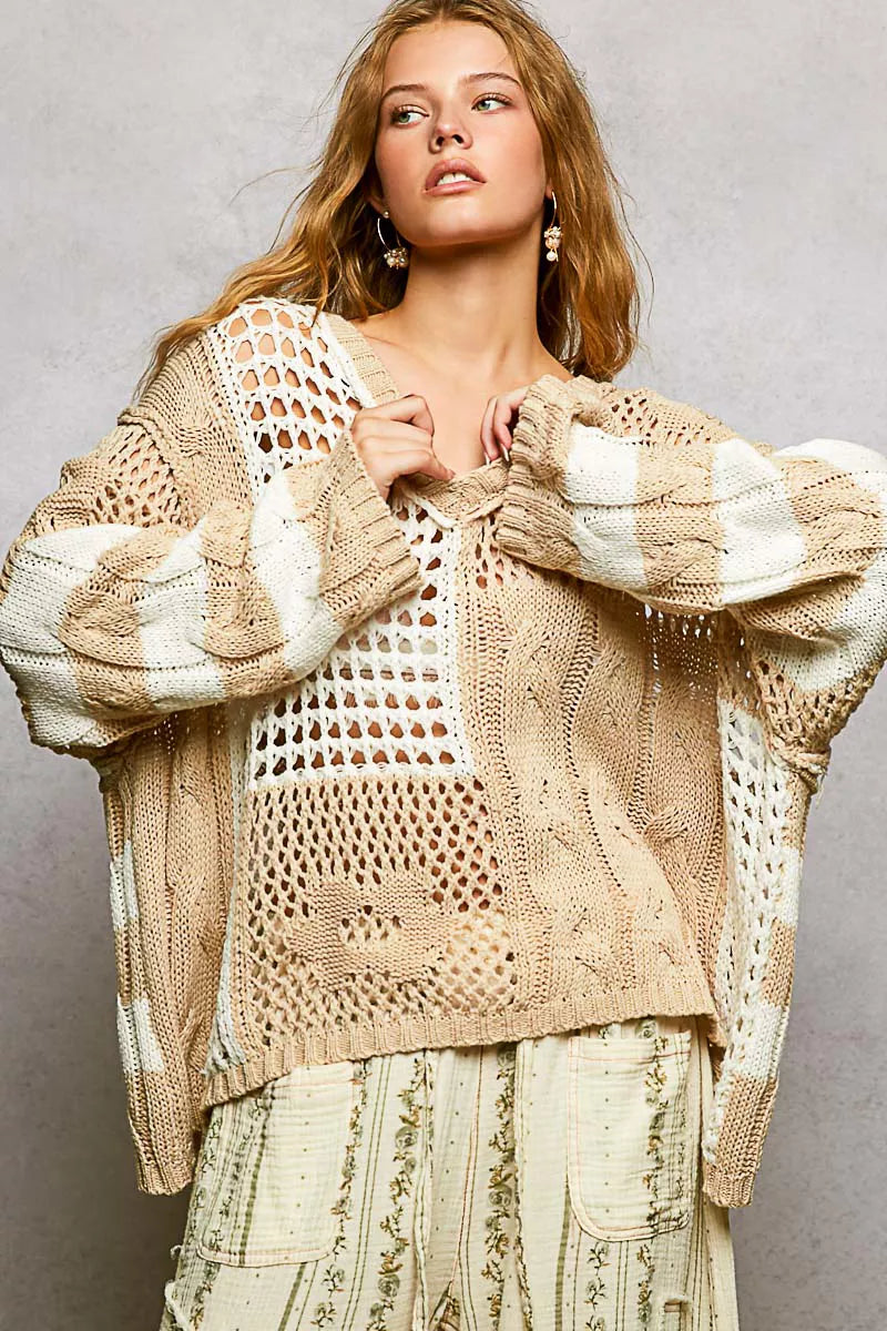 Beige POL color-blocked stripe pattern knit top with twisted weave, featuring a stylish and cozy design from Trendsi.