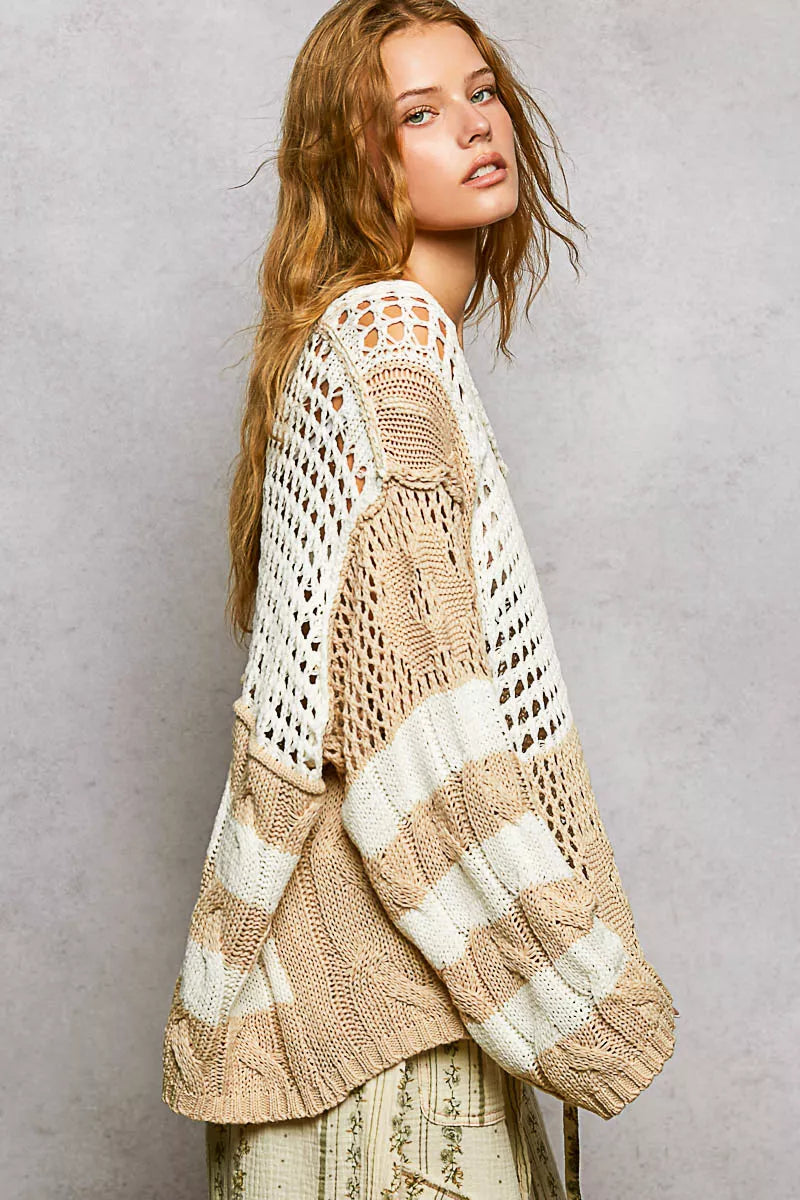 Beige POL Color-Blocked Stripe Knit Top by Trendsi with twisted weave, showcasing a stylish pattern and cozy knit fabric.