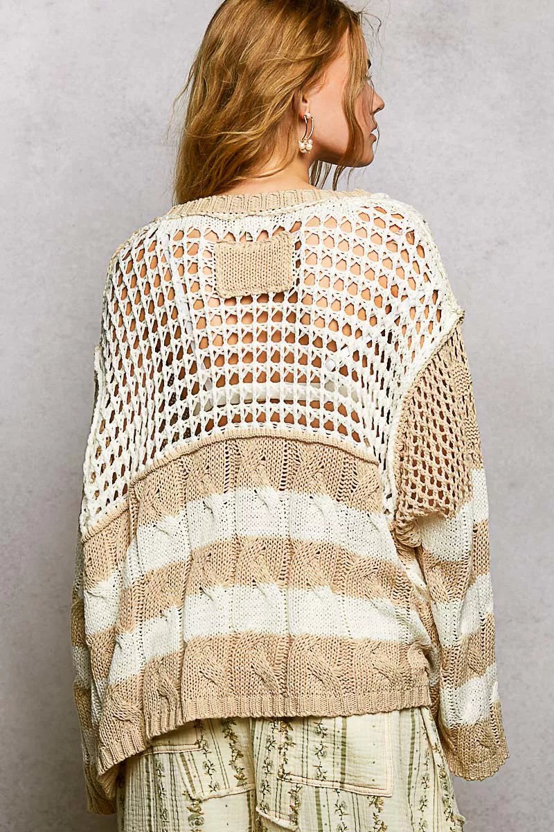Beige POL color-blocked stripe knit top with twisted weave detail, from Trendsi, showcasing a stylish pattern and textured fabric.