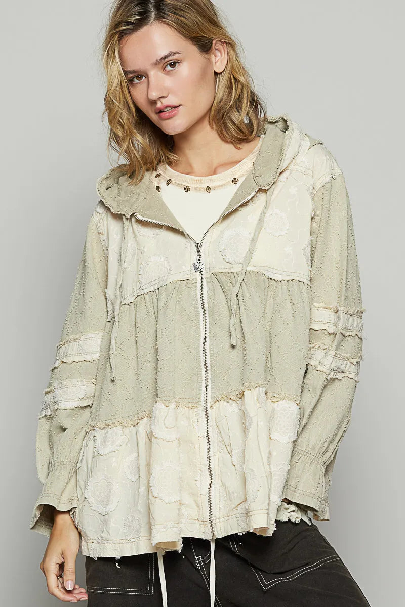 Beige POL Raw Hem Color Block Hooded Jacket by Trendsi featuring a casual fit and distinctive color block design.