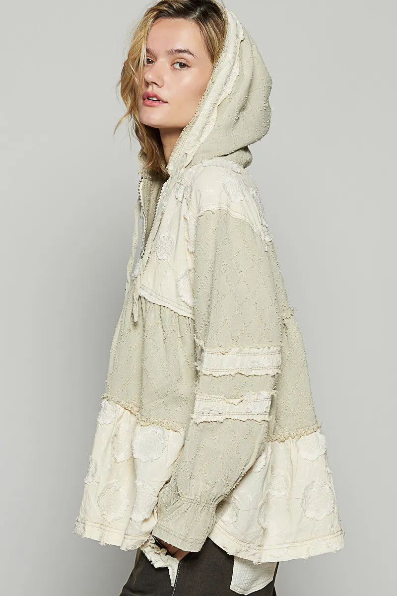 Beige POL Raw Hem Color Block Hooded Jacket by Trendsi featuring a casual design with raw hem details and color blocking.