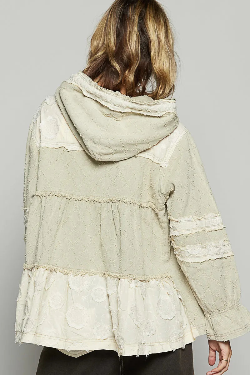 Beige POL Raw Hem Color Block Hooded Jacket by Trendsi featuring a casual fit with color blocking and raw hem details.
