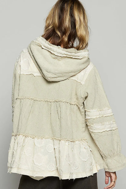 Beige POL Raw Hem Color Block Hooded Jacket by Trendsi featuring a casual fit with color blocking and raw hem details.