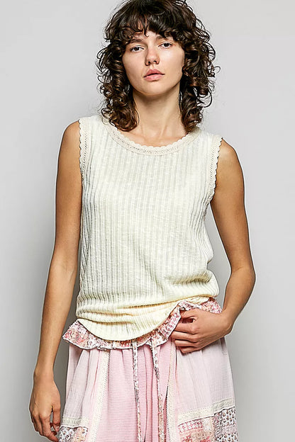 Beige POL ribbed round neck tank top with lace trim from Trendsi, showcasing a close-up of the ribbed fabric and delicate lace details.
