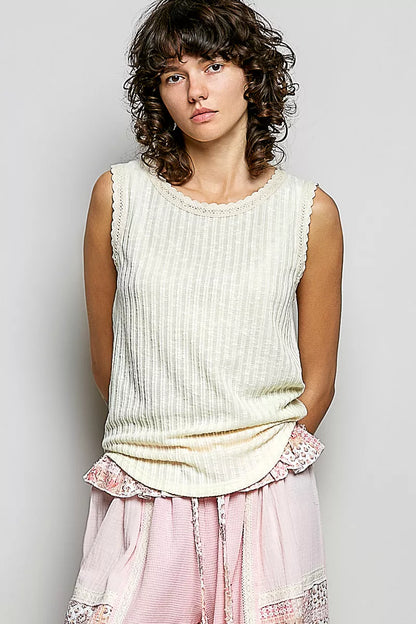 Beige POL ribbed round neck tank top with lace trim from Trendsi, featuring a close-up of the fabric and lace details.