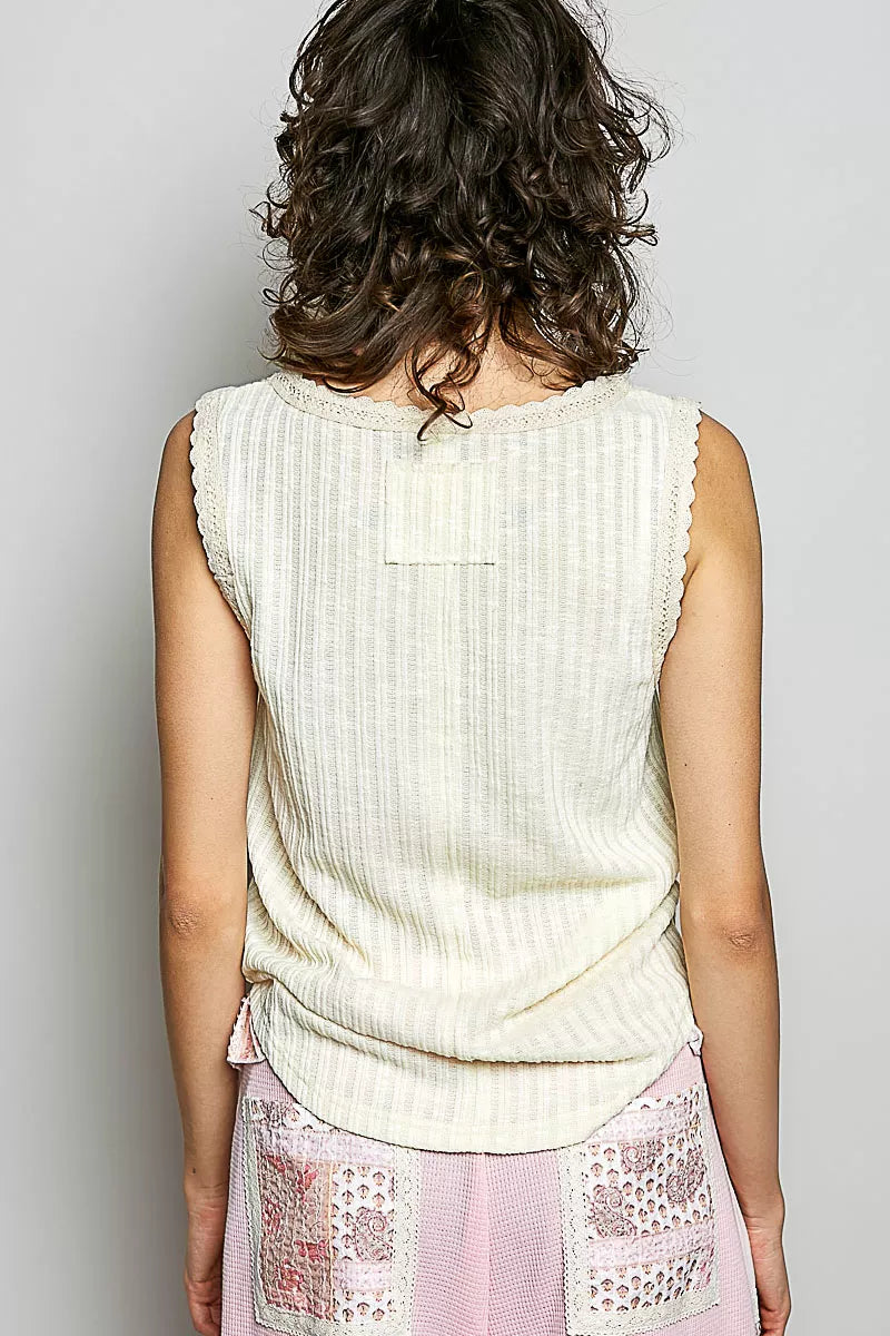 Beige POL ribbed round neck tank top by Trendsi with lace trim, showcasing its fitted style and delicate lace detailing.
