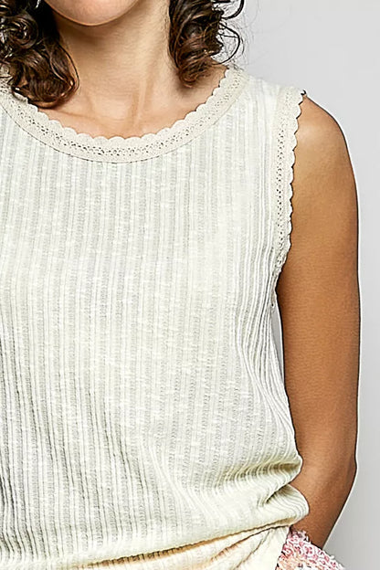 Beige POL ribbed round neck tank top with lace trim by Trendsi, close-up of textured fabric and delicate lace details.
