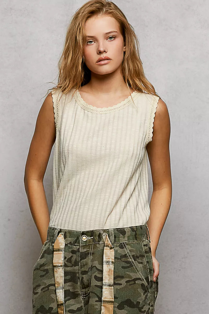 Beige POL ribbed round neck tank top with lace trim, casual sleeveless top from Trendsi showing the front view.