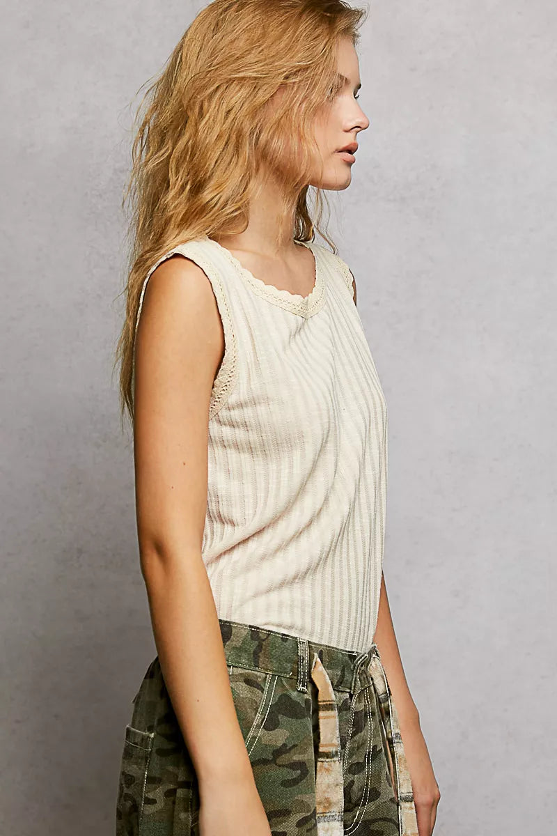 Beige POL ribbed round neck tank top with lace trim from Trendsi, featuring a fitted design and stylish detailing.