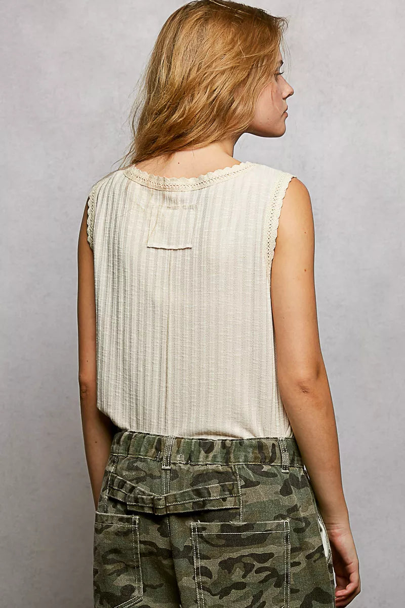Beige POL ribbed round neck tank top with lace trim, from Trendsi, featuring a fitted sleeveless design and subtle ribbed texture.