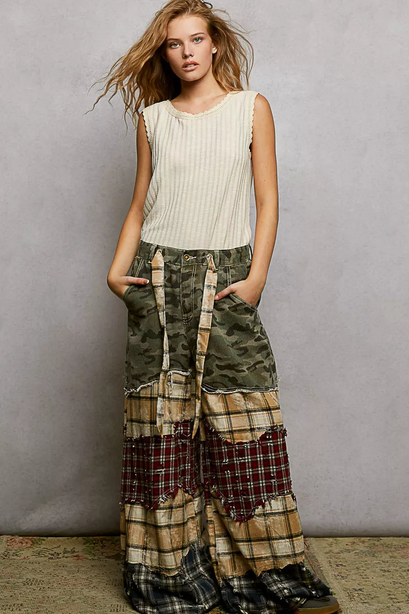 Beige POL ribbed round neck tank top with lace trim, casual sleeveless design, from Trendsi.