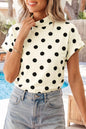 Beige polka dot mock neck short sleeve blouse by Trendsi, showcasing a stylish, lightweight top with a classic pattern and fitted design.