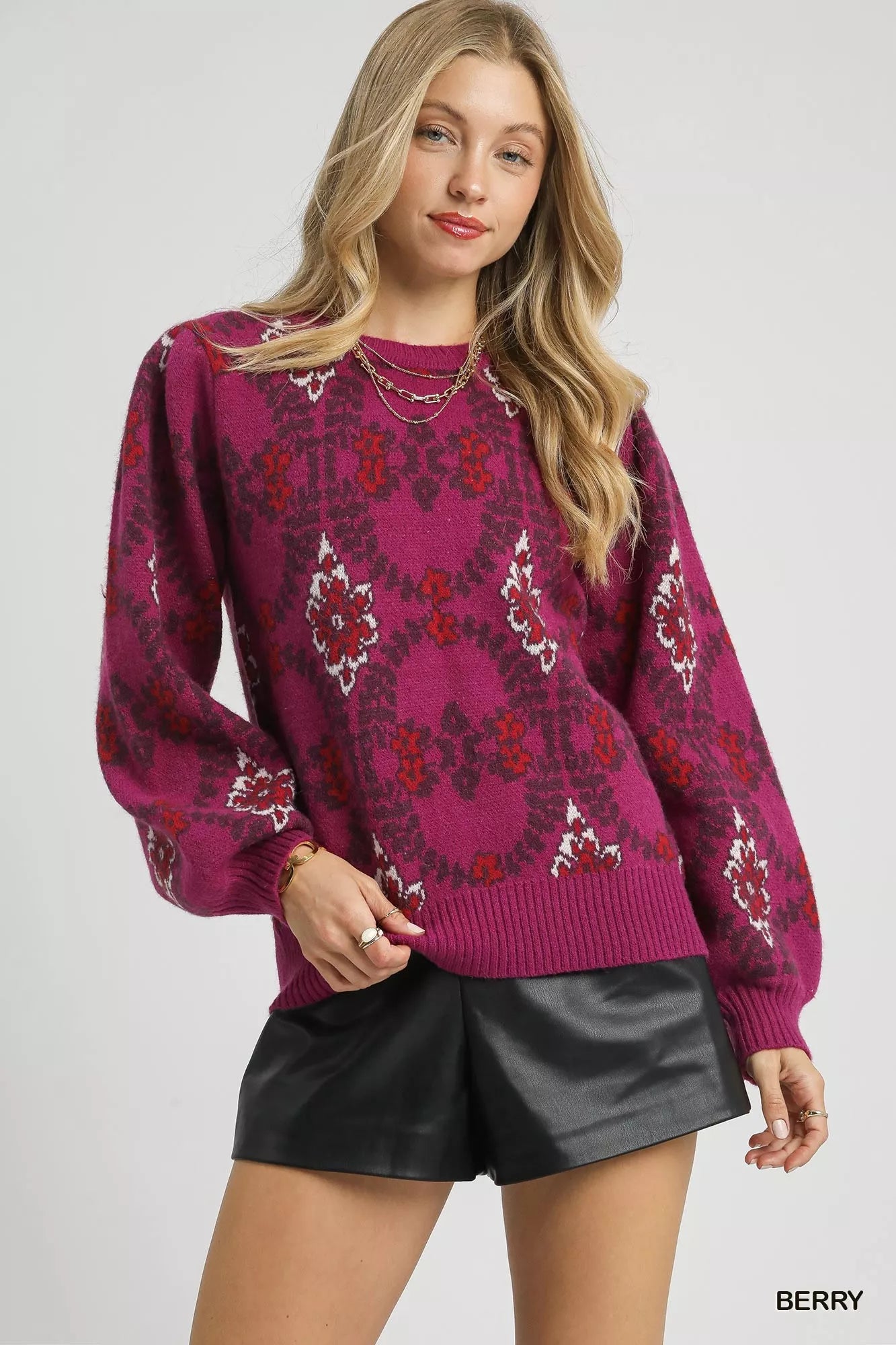 Trendsi Umgee boho patterned long sleeve sweater in berry with a relaxed fit and intricate design, perfect for casual styling.