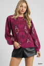 Trendsi Umgee boho patterned long sleeve sweater in berry with a relaxed fit and intricate design, perfect for casual styling.