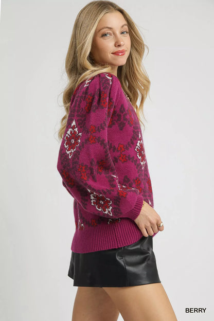 Trendsi Umgee boho patterned long sleeve sweater in berry with colorful, intricate knit design and relaxed fit.