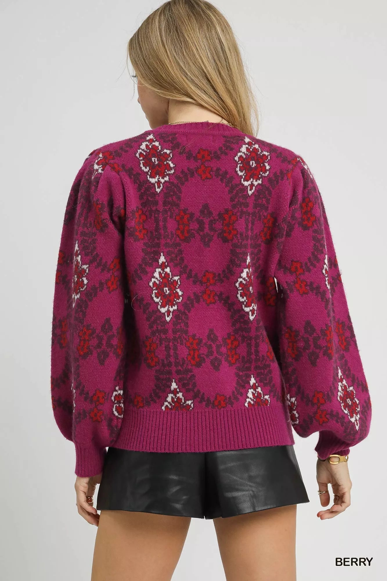 Umgee boho patterned long sleeve sweater in berry color, featuring a cozy, stylish knit design, perfect for casual wear.