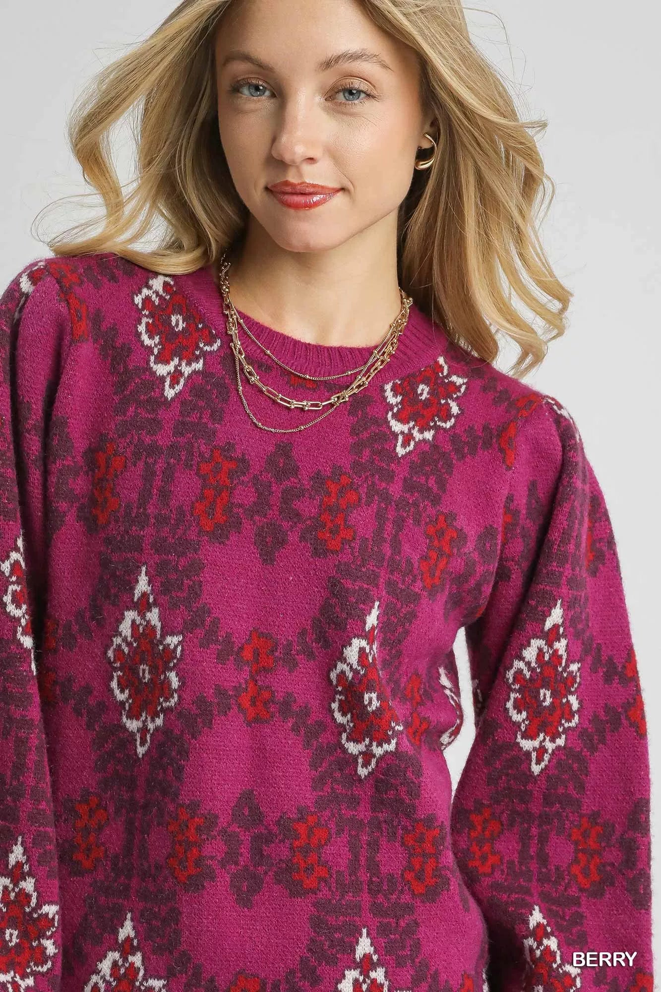 Trendsi Umgee boho patterned long sleeve sweater with colorful design and relaxed fit, perfect for casual wear.