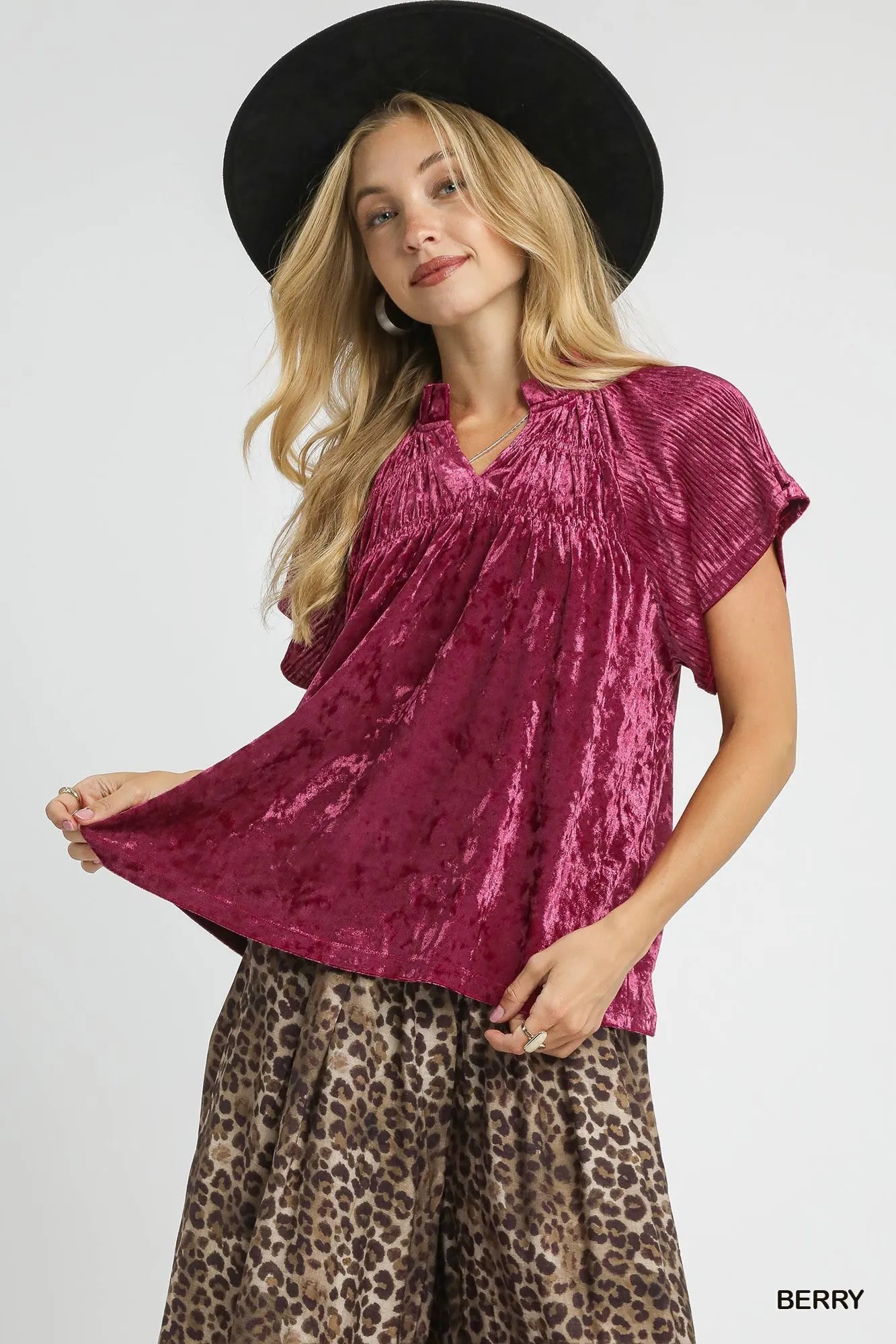 Umgee crushed velvet pleated blouse in berry color, stylish women's top with a textured velvet finish and elegant pleats.