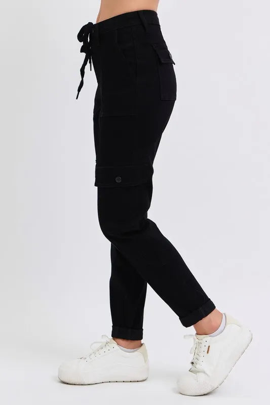 Full size Judy Blue high waist cargo cuffed joggers from Trendsi, plus size, featuring a relaxed fit and functional cargo pockets.