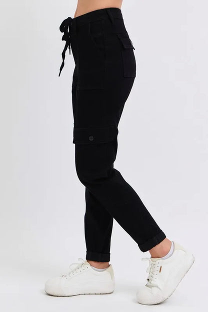 Full size Judy Blue high waist cargo cuffed joggers from Trendsi, plus size, featuring a relaxed fit and functional cargo pockets.