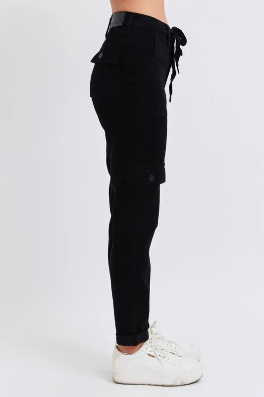 Plus size Judy Blue high waist cargo cuffed joggers with pockets, designed for comfort and style in a full-size fit.