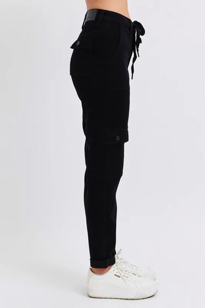 Plus size Judy Blue high waist cargo cuffed joggers with pockets, designed for comfort and style in a full-size fit.