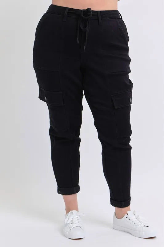 Full view of Judy Blue high waist cargo cuffed joggers in plus size, featuring a relaxed fit and functional pockets.