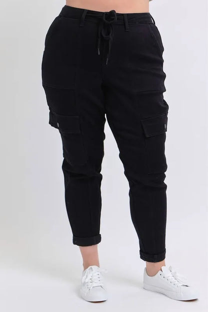 Full view of Judy Blue high waist cargo cuffed joggers in plus size, featuring a relaxed fit and functional pockets.