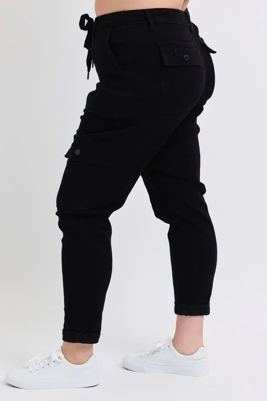 Plus size Judy Blue high waist cargo cuffed joggers with pockets and relaxed fit, ideal for comfortable casual wear.