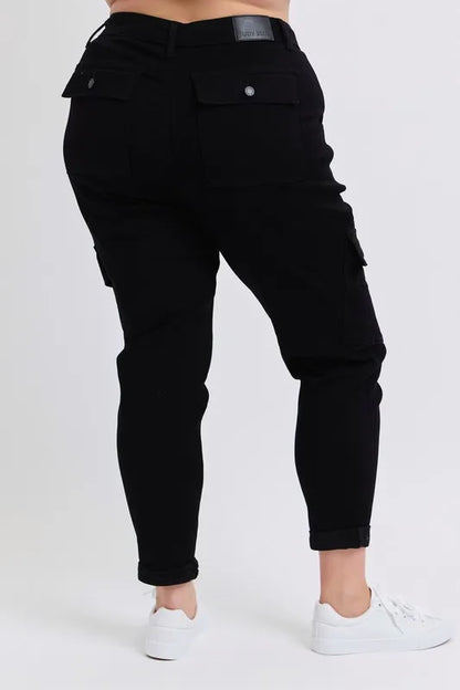 Full view of Judy Blue high waist cargo cuffed joggers in plus size, featuring a relaxed fit and cargo pockets.