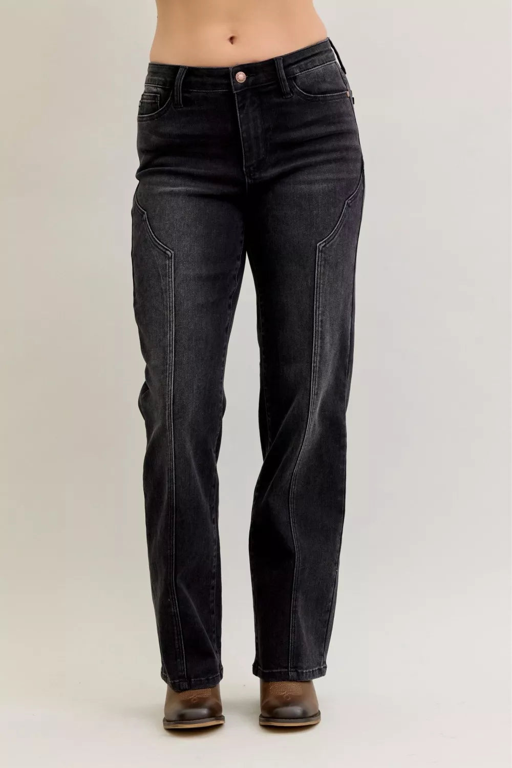 Mid-rise Judy Blue straight jeans with western seam details, showcasing classic denim style and trendy fit.