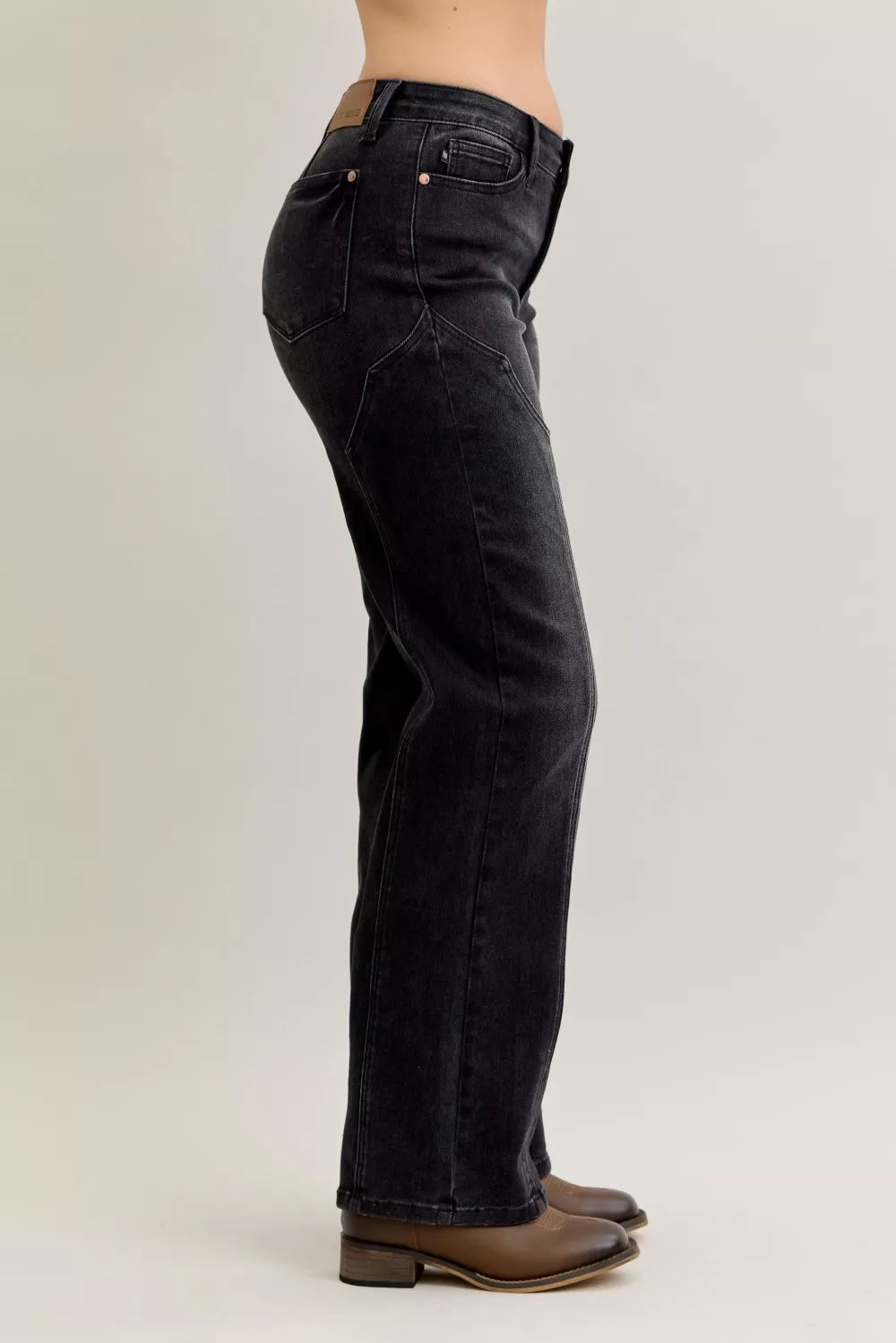 Judy Blue mid-rise straight jeans with western seam details, denim fabric, and classic fit, perfect for casual wear.