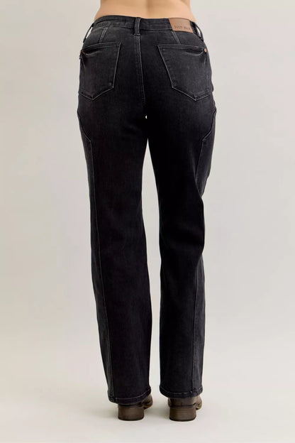 Judy Blue mid-rise straight jeans with western seam details, showcasing classic denim style and fit.