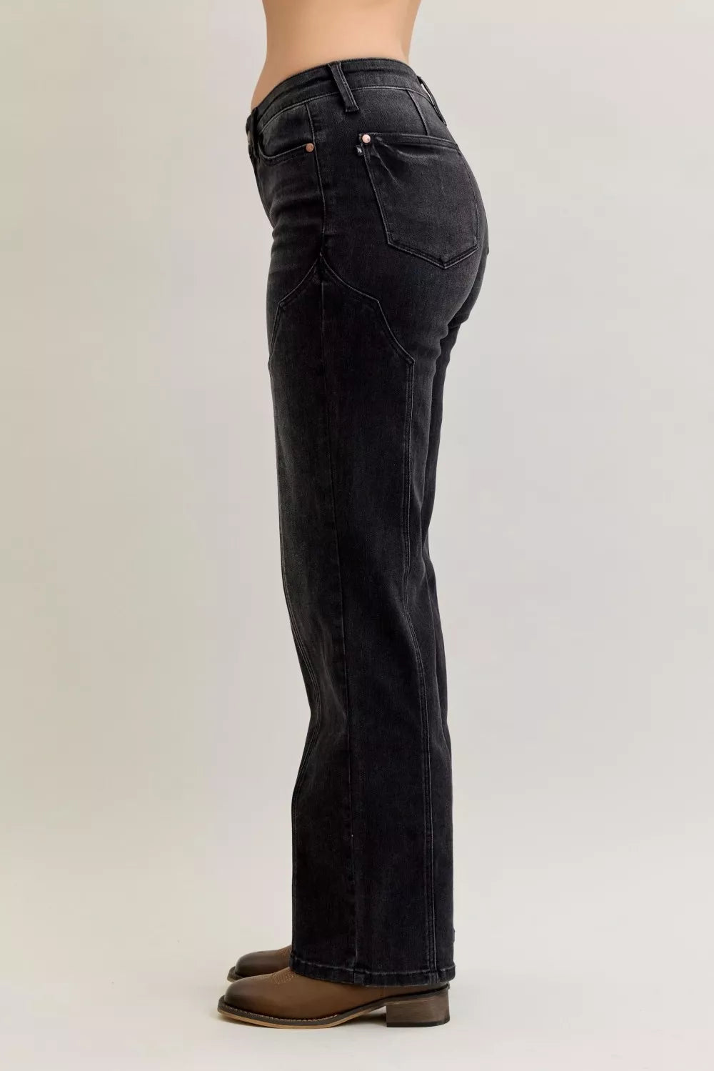 Judy Blue mid-rise straight jeans with western seam detail, denim fabric, and classic five-pocket design.