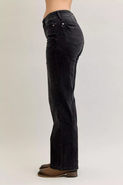 Judy Blue mid-rise straight jeans with western seam detail, denim fabric, and classic five-pocket design.