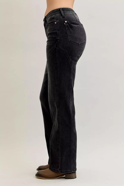 Judy Blue mid-rise straight jeans with western seam detail, showcasing classic denim fit and stylish stitching.