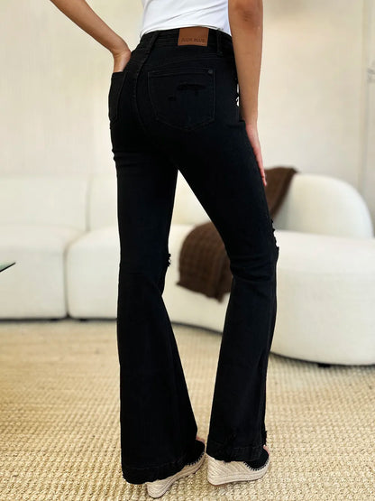 Black Judy Blue high waist distressed flare jeans, full size, showing the stylish distressed details and flattering fit.
