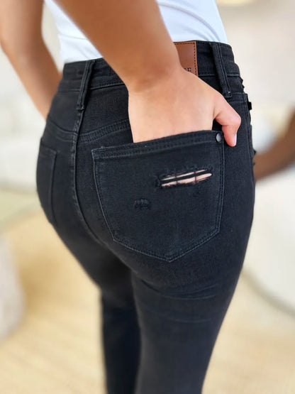 Black Judy Blue full-size high waist distressed flare jeans with ripped details and a flattering fit.